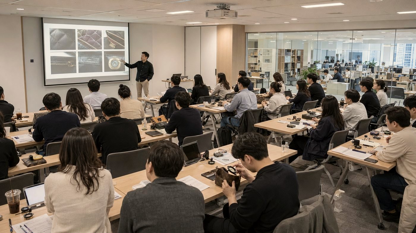 수강생들이 루페로 정가품을 판별하는 GLA 감정 실습 현장
